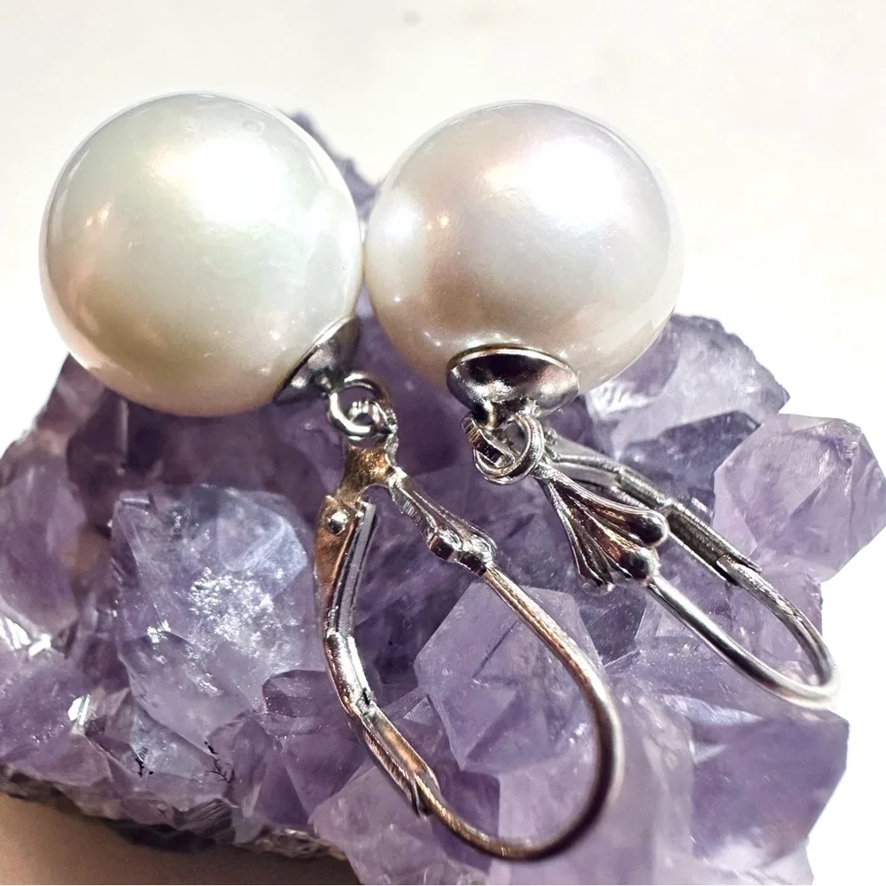 12-13mm White Cultured Freshwater Pearl Sterling Silver Lever-back Earrings